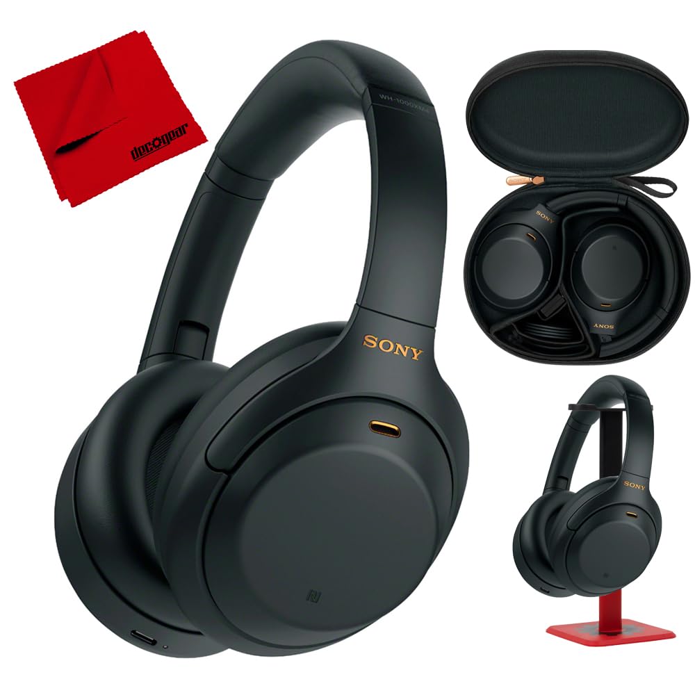 Sony WH1000XM4/B Premium Noise Cancelling Wireless Over-The-Ear Headphones Bundle with Deco Gear Pro Audio Headphone Stand - Matte Black + 6 x 6 inch Microfiber Cleaning Cloth