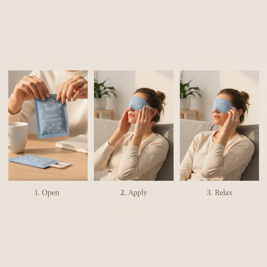 Arcadia Health Self-Heating Mask – 30 Single-Use Warm Compresses for Dryness, Puffiness & Migraine Relief – Soothing Steam Mask for Relaxation, Sleep Support & Under-Eye Care