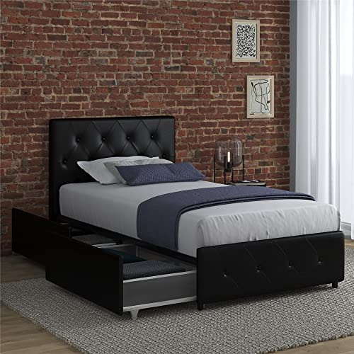 DHP Dakota Upholstered Platform Bed with Underbed Storage Drawers and Diamond Button Tufted Headboard and Footboard, No Box Spring Needed, Twin, Black Faux Leather
