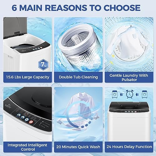 Nictemaw Portable Washing Machine 15.6Lbs Large Capacity 2.1 Cu.ft Laundry Machine with 10 Programs and 8 Water Levels Selections Compact Washer Machine for Apartment, Home, Dorms, Rv