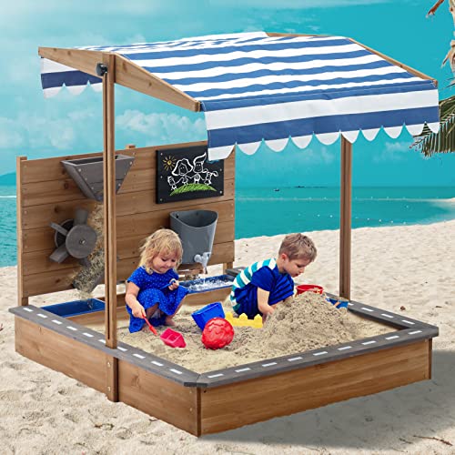 Kids Large Wooden SandBoxes with Roof, Pipleo Outdoor Sand Box Play w/Canopy for Backyard Garden Beach, Sand Pit for Beach Patio Outdoor, [Adjustable Cover & Sand Funnel & Drawing Board] - Brown Oak