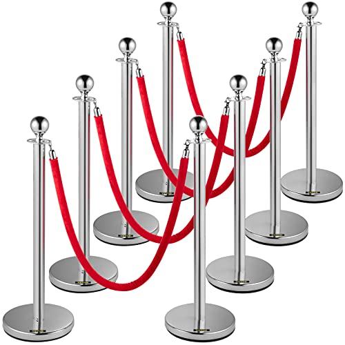 VEVOR Velvet Ropes and Posts, 8 Pcs, 5 ft Red Velvet Rope, Stanchion Post with Ball Top, Crowd Control Barriers, Red Carpet Poles for Party Supplies