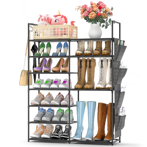 Kottwca 7 Tiers Shoe Rack Metal Shoe Organizer for Entryway Closet, 24-28 Pairs Stackable Shoe and Boots Shelf Storage Cabinet with Hooks and Side Hanging Pockets for Bedroom, Garage, Black