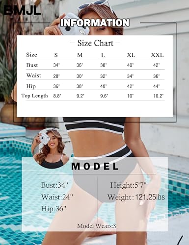 BMJL Women's High Waisted Bikini Ribbed Two Piece Swimsuit High Cut Color Block Adjustable Straps Bathing Suit(S,Black&Pink)