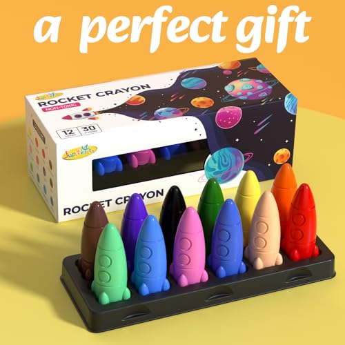 JUPITEARTH 12 Rocket Crayons, Non Toxic Washable Toddler Crayons, Rocket Crayons with Easy-to-hold for Toddlers, Crayons for Kids Art&School Supplies,Toddlers