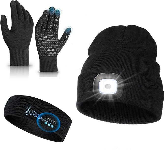 Unisex Beanie with Rechargeable LED Light, Gloves, Bluetooth Headband Black