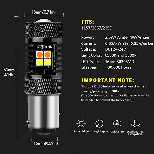 AUXLIGHT 1157 2057 2357 7528 BAY15D P21/5W Switchback LED Bulbs 16SMD Chipsets Parking Lights/Daytime Running Lights/DRL and Turn Signal Lights with Projector replacement, White/Amber (Pack of 2)