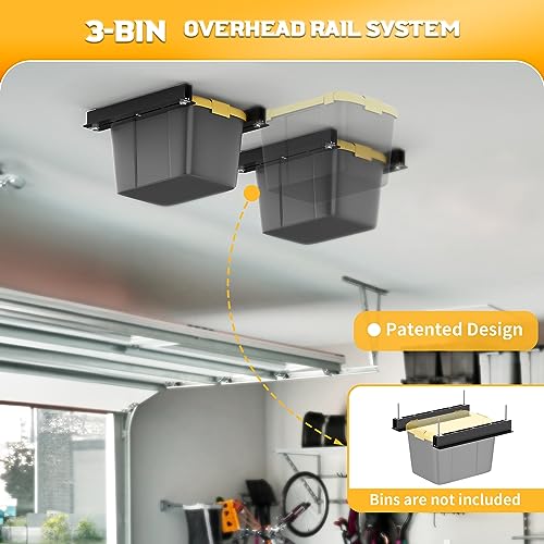 WALMANN Overhead Tote Storage Rail System, Garage 16" Joists Ceiling Bin Storage Rack Heavy Duty Adjustable Tote Slide Garage Storage System(for 3 Bins, Bins are not included)