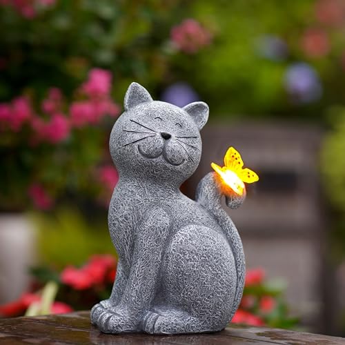 Qeeman Solar Garden Decor Cat Figurine: Sculpture for Outside and Home/Patio/Balcony/Yard Art Lawn Ornaments - Great House Warming Gifts for Women/Grandma