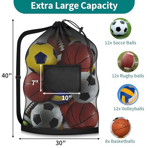 Extra Large Soccer Ball Bag, 40" x 30" Drawstring Mesh Ball Bag with Pocket, Heavy Duty Sport Net Sack for Coaches, Storage Bag for Basketball, Volleyball, Gym Equipment, Swimming Gear (1)