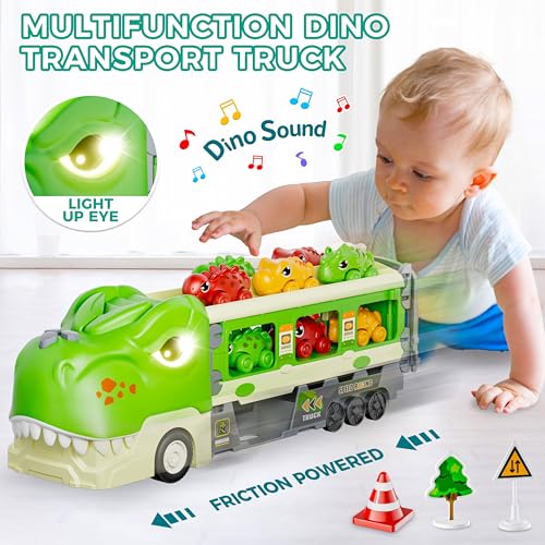 Funwee Dinosaur Truck Toys for 2 3 4 5 6 7 Year Boy Toddler, Foldable Track & 2 Player Race Mode, Light & Sound Transport Carrier W/ 6 Dino Car & 12 Accessories, Birthday Gift Idea for Kids Girls