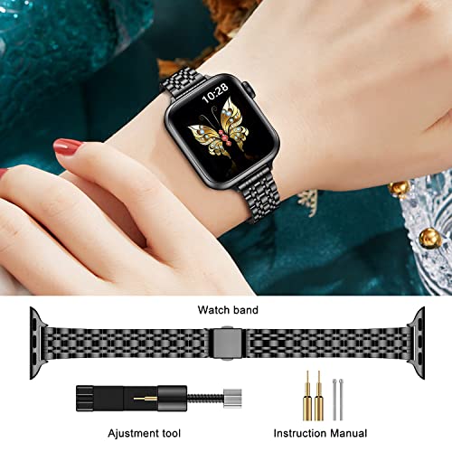 MioHHR Slim Metal Band Compatible with Apple Watch Band 42mm(Series 10) 41mm 40mm 38mm,Dressy Stainless Steel Chain Strap for Women iWatch Bands Series 9 8 7 6 5 4 3 2 1 SE,Black