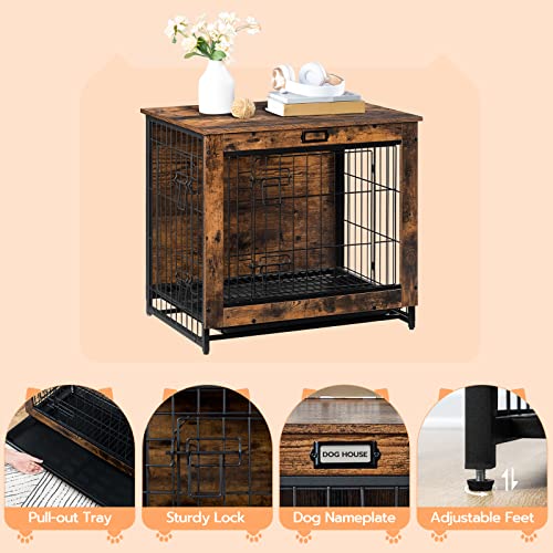 Dog Crate Furniture, 25.5" Small Dog Kennel Indoor, Wooden Dog Crate with Pull-Out Tray, Double Doors Dog House, Modern Side End Table for Small/Medium Dog, Rustic Brown BF642GW03G1