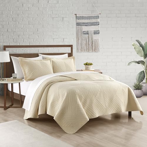 Chic Home Sianna 3 Piece Queen Size Quilt Set - Contemporary Geometric Diagonal Stripe Bedspread Coverlet with 2 Pillow Shams, Beige