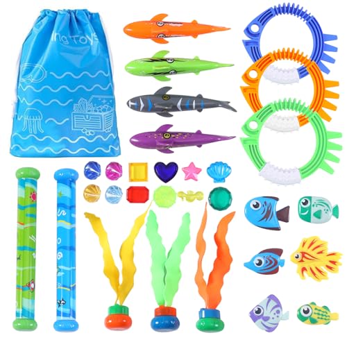 Woplagyreat Summer Pool Diving Swimming Toys for Kids, Fun Swim Games Sinking Set, Underwater Dive Gifts with Storage Bag Include Torpedo Gems Shark Rings Sea Animals for Boys Girls Toddlers 20 Packs