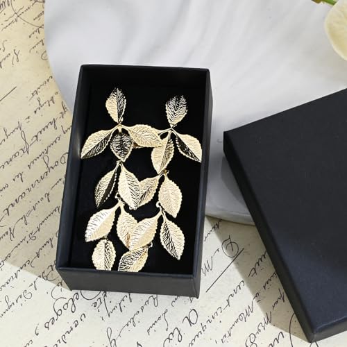 Gold Long Leaf Stud Earrings Handmade Leaf Dangling Earrings for Women Plant Earrings for Gift