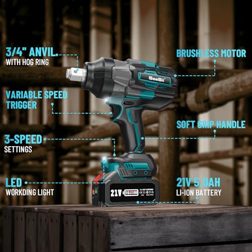 Seesii Cordless Impact Wrench, 1180Ft-lbs(1600N.m) High Torque Impact Gun 3/4", Brushless Impact Wrench w/ 5.0Ah Battery & Fast Charger, Electric Impact Wrench for Truck, Heavy-duty Project, WH1000