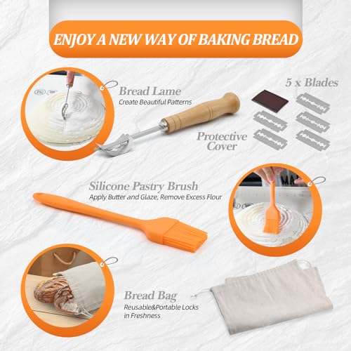 Banneton Bread Proofing Basket Set With Sourdough Bread Baking Supplies, Bread Making Kit Include 9''Round 10'' Oval & Baguette Cane Sourdough Proofing Basket With Dough Whisk Scrapers +Bread Lame…