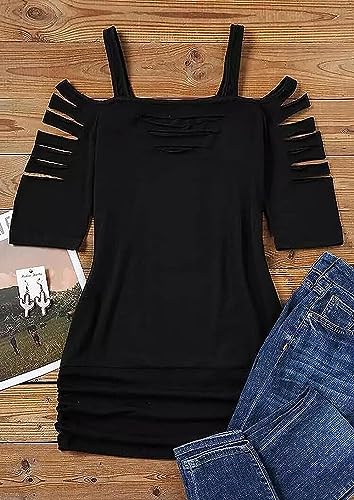 Cut Out Cold Shoulder Square Collar Shirt Women Lacerated 3/4 Sleeve Blouse Cut Out Sexy Hollow Out Casual Tee Tops (Black S)