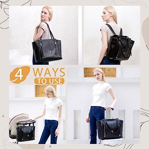miss fong Diaper Bag Tote Leather Diaper Bag Backpack,Large Capacity Mommy Bag Hospital Bag,12 Pockets Travel Diaper Tote with Changing Pad,Stroller Straps & Insulated Pockets for Mom & Dad-Black