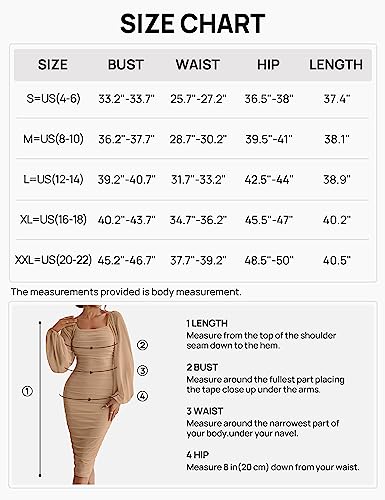 MEROKEETY Womens Elegant Long Balloon Sleeve Square Neck Ruched Bodycon Solid Clubwear Party Dress,WineRed,M