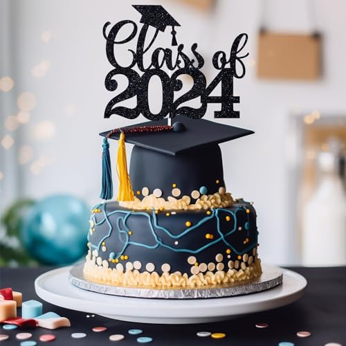 Class of 2024 Cake Topper 6Pcs Glitter Congrats Grad 2024 Congrats Graduation Party Decorations Supplies, Black