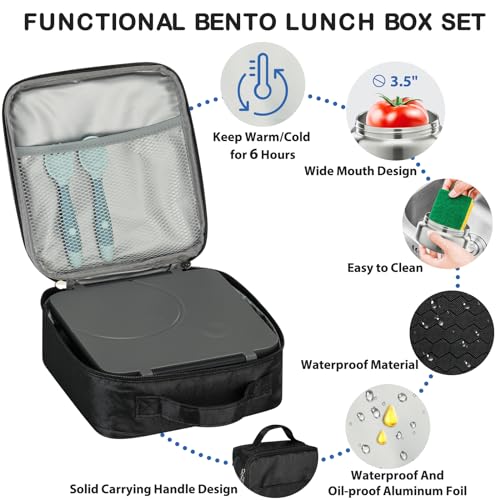 Bento Lunch Box Set for Kids with 8oz Soup Thermo, Leak-Proof Lunch Containers with 4 Compartment, Kids Thermo Hot Food Jar and Insulated Lunch Bag for Kids to School-Black