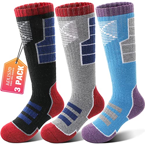 Anlisim Kids Merino Wool Ski Socks for Girls Boys Teen Thermal Winter Warm Thick Hiking Knee High Socks Stocking Stuffers for Skiing Snowboarding (Black/Grey/Blue B, 4-7 Y)