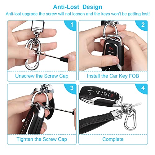 QBUC Genuine Leather Car Keychain,Universal Heavy Duty Metal Key Chain Accessories,Car Fob Key Keychain Holder with 360 Degree Rotatable Snap Swivel and Anti-Lost D-Ring for Men Women(Black)