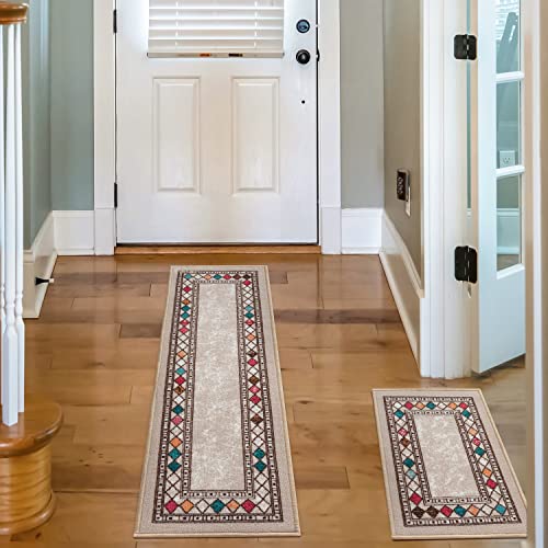 Antep Rugs Alfombras Modern Bordered 2x4 Non-Skid (Non-Slip) Low Profile Pile Rubber Backing Kitchen Area Rugs (Beige, 2'3" x 4')