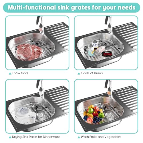 jkxoo Sink Protectors for Kitchen Sink 13.1''x11.6''x1'', 304 Stainless Steel for Kitchen Sink Grate with Rear Drain, Sink Grate Sink Rack for Bottom of Sink with Sink Strainer