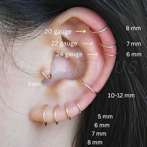 14K Gold Filled Small Hoop Earrings for Cartilage Nose, Tiny Thin 7mm Piercing Hoop Ring 22 Gauge