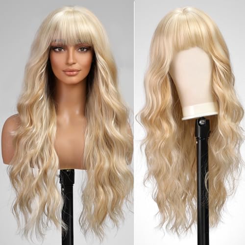 KOME Ombre Ash Blonde Wigs with Bangs,Grey Blonde Long Wavy Wig for Women,Long Curly Synthetic Hair Wig for Party Daily Use 26IN