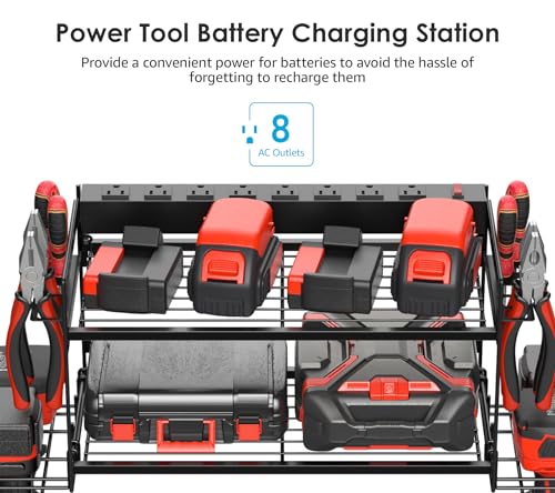 CCCEI Garage Tools Storage with Charging Station. Power Tool Battery Organizer Utility Shelf with Power Strip. 4 Drills Holder Wall Mount Rack, Black.