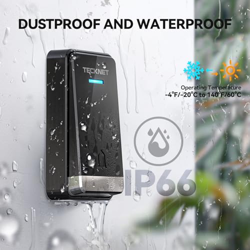 TECKNET Wireless Doorbell, Self-Powered Doorbell, 0-110db Plug-through Wireless Doorbell Ringer for Homes Classroom, IP66 Waterproof 1300ft Door Chime with Extra Socket, 60 Chimes, LED Light