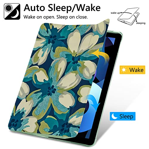 QISHANG Blue Flower Compatible with iPad Mini 4/ Mini 5 Case, Pencil Holder & Clear Transparent Soft TPU Back & Trifold Smart Pad Cover for iPad Mini 4/5 [Support Pencil Wireless Charging]-Green