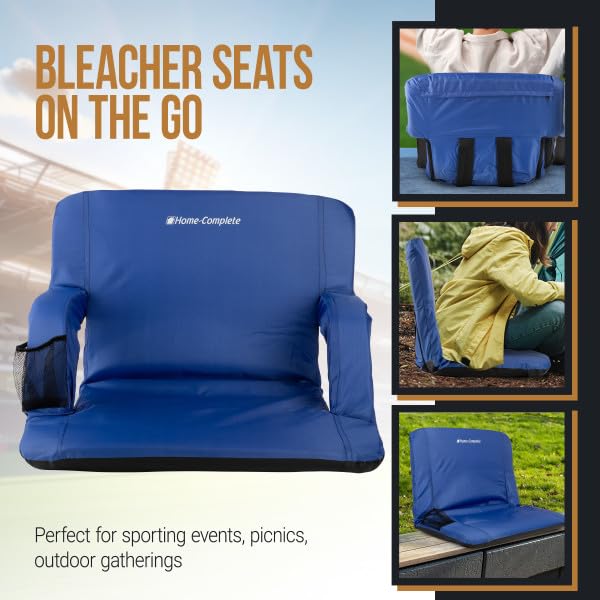 Home-Complete Wide Stadium Seat Chair - Bleacher Cushion with Padded Back Support, Armrests, 6 Reclining Positions and Portable Carry Straps (Blue)