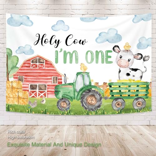 Omifly Holy Cow I'm One Birthday 5Wx3H Backdrop for Photography Kids Milk Cattle Farm Animal Farmhouse Country Cute Green Background Party Decorations Cake Table Banner Decor Photo Booth Studio Props