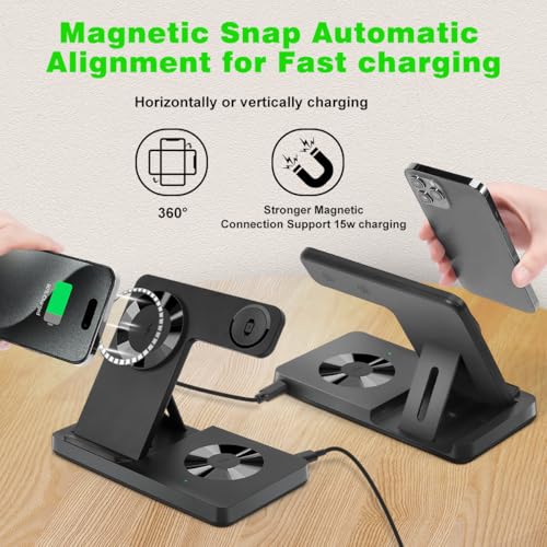 Magnetic 3 in 1 Wireless Charging Station for Magsafe iPhone 12-15 Series, Charging Station for Multiple Devices, Mag-Safe Wireless Charger Stand for Apple Watch 9/8/7/6/5/4/3/2/SE & AirPods 3/2/Pro