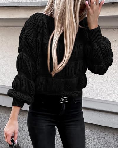 KIRUNDO Womens Fashion Fall Sweaters 2024 Casual Puff Sleeve Crew Neck Loose Chunky Knit Pullover Winter Cute Clothes, Black, Small