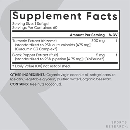 Sports Research Turmeric Curcumin C3 Complex - Softgels with Bioperine Black Pepper Extract & Organic Coconut Oil, Standardized 95% Curcuminoids - Non-GMO Verified & Gluten Free - 500mg, 60 Count