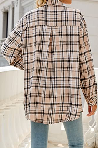 CHYRII Womens Button Down Flannel Shirts Long Sleeve Plaid Shacket Business Casual Blouse Topss Pink-7123 M