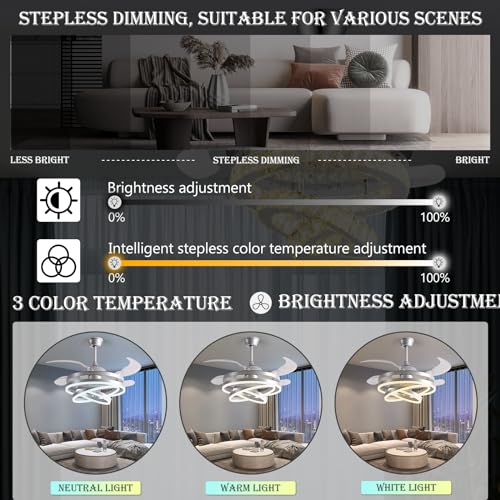 Panghuhu88 42" Invisible Ceiling Fan Chandelier Light,Modern DIY Ceiling Fan Light Remote Control 4 Retractable ABS Blades for Bedroom Living Dining Room Decoration (Silver)