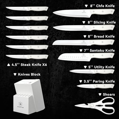 BRAVESTONE Knife Set, 15 Piece Kitchen Knife Set with Block Self Sharpening, Dishwasher Safe, Anti-slip Handle (Cream)