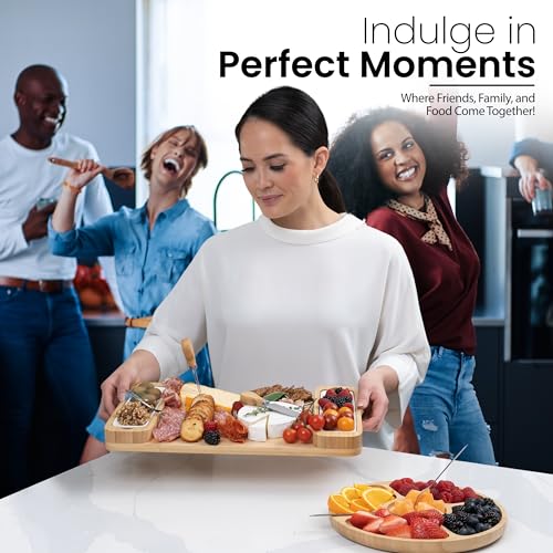 Bambüsi Charcuterie Board Gift Set - Cheese Board & Serving Tray - Large Bamboo Charcuterie Boards - Unique Housewarming Gifts New Home, Wedding Gifts for Women