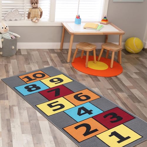 Ottomanson Children's Garden Collection Non-Slip Rubberback Hopscotch Design 3x6 Kid's Runner Rug, 2'7" x 6', Green