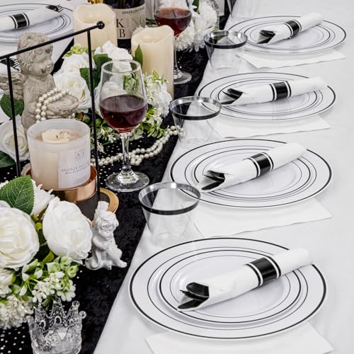 WELLIFE 210Pcs Black Plastic Plates - Black Plates with Pre Rolled Napkins, Include:50 Black Dinner Plates, 30 Black Dessert Plates, 30 Black Paper Napkins, 30 Black Cups, 90 Black Plastic Cutlery