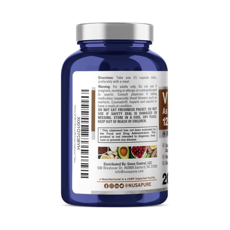 NusaPure Vitamin K2 MK7 120 mcg 200 Veggie Caps (Soy Free, Non-GMO, Vegan)