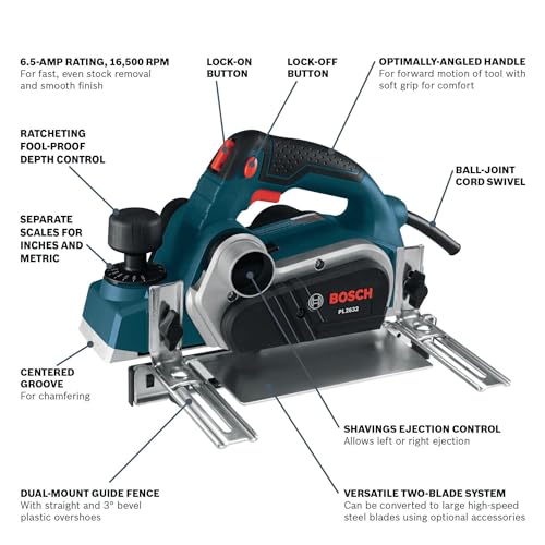 BOSCH 3-1/4 Inch 6.5 Amp Hand Planer for Woodworking, 2.6 mm Cut Depth, Corded with Carrying Case (PL2632K)