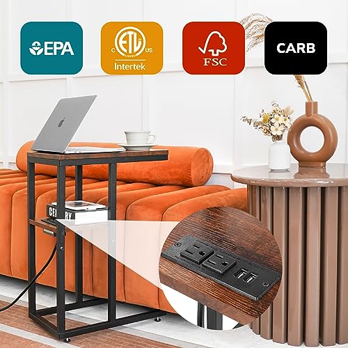 Yoobure C Shaped End Table with Charging Station, Small Side Tables for Living Room, Bedroom, Sofa Table with USB Ports and Outlets for Small Spaces C Couch Table Rustic Snack Table Bed Side Table